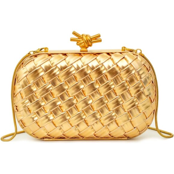 Handwoven Golden Clutch Evening Bag for Women with Chain Strap Elegant Party Pu